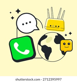 Comunicação digital global e ilustração de vetor de conexão com a Internet. Perfeito para conceitos de tecnologia, rede, roteador, mensagens e conectividade. Com acesso Wi-Fi, balão de bate-papo, ligação telefônica, acesso