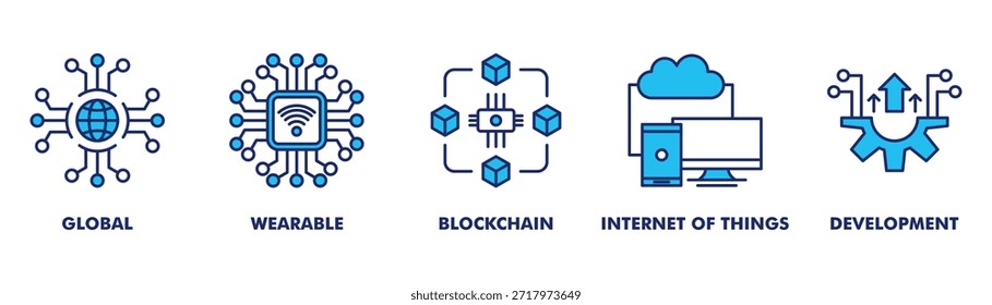 Ilustración vectorial de íconos de Anuncio de Web mundial conectado digital global para un ecosistema de tecnología inteligente global y portátil con tecnología global, portátil, blockchain, Internet de las cosas, desarrollo