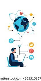 Conectividade digital global e serviços de apoio ao cliente explicados através da tecnologia moderna e da interação humana