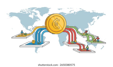 Fluxo de moeda digital global e transações financeiras entre continentes