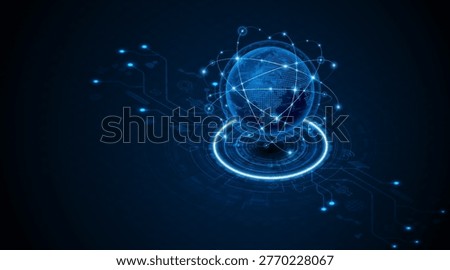 Global digital network connection with glowing blue globe and circuit board lines. High-tech futuristic communication, cloud computing, and big data transfer concept for internet infrastructure.