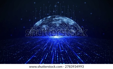 Global digital network connection with glowing world map, polygonal wireframe earth and flowing data lines. Futuristic blue technology background with abstract communication and ai network concept.