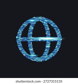 Rede digital global globo. Ícone de mundo 3D futurista com partículas de dados azuis brilhantes em preto. Representação criativa do mundo digital e conexão global, perfeito para banners de tecnologia, sites de start-ups e visuais corporativos.