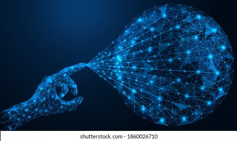 Global digital network. Instant connection to access points. The pairing of the hand and the planet. Low-poly construction of concatenated lines and dots. Blue background.