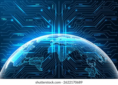 Global digital network and technology connectivity concept with glowing Earth and electronic circuit board on blue background. Futuristic low poly style, abstract vector illustration.