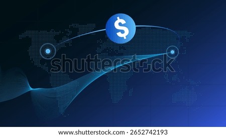 Global digital payment with dollar symbol connecting continents on glowing world map. Concept of international transfers, online banking, virtual currency, financial connectivity.