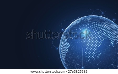 Global digital technology network connection concept with blue glowing globe and copy space.