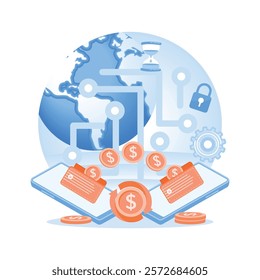 Global digital transactions. It features mobile phones, currency, and security elements that symbolize the interconnectedness of a secure online financial system.