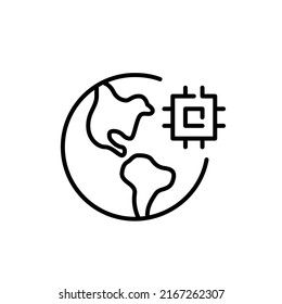 Global digitalisation process. Earth with CPU chip. Pixel perfect, editable stroke line icon