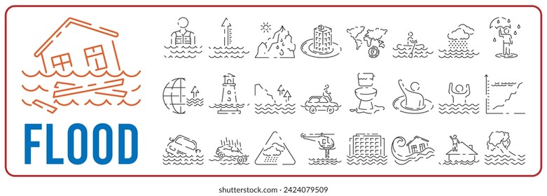 Global disasters. Modern vector plain line design icon. Drought, flood and water. Plant and nature or farm. Famine and insurance. Line icon set