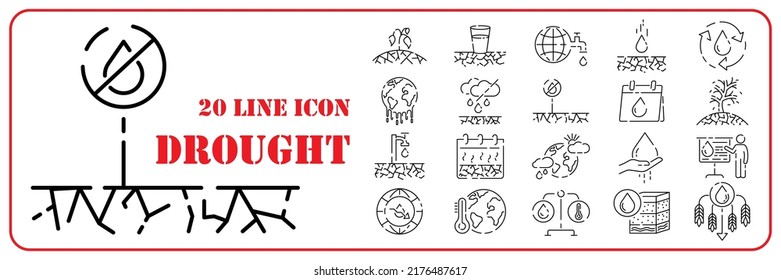 Global disasters - set of modern vector plain line design icons. Drought, flood and water. Plant and nature or farm. Famine