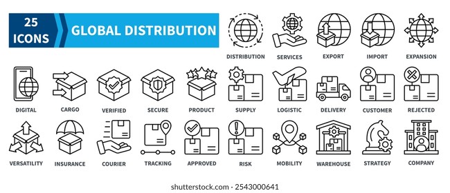 Global Distribution icon collection set. Containing  global distribution, services, export, import, expansion, digital, cargo, logistic, delivery, strategy icon. Simple black outline vector.