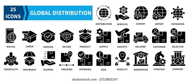 Global Distribution icon collection set. Containing global distribution, services, export, import, expansion, digital, cargo, logistic, delivery, strategy icon. Simple black fill vector.