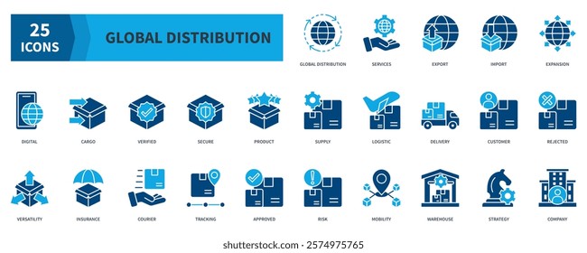 Global Distribution Icon Collection Set. Containing global distribution, services, export, import, expansion, digital, cargo, logistic, delivery, strategy Icon. Simple Flat Vector. Blue Color Style