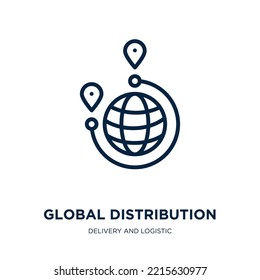 global distribution icon from delivery and logistic collection. Thin linear global distribution, distribution, business outline icon isolated on white background. Line vector global distribution sign,