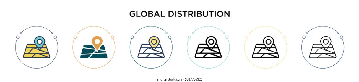 Global distribution icon in filled, thin line, outline and stroke style. Vector illustration of two colored and black global distribution vector icons designs can be used for mobile, ui, web