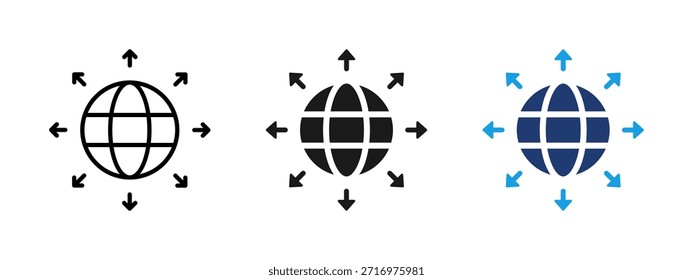 Ícone de distribuição global. Globo com setas em todas as direções. Símbolo de expansão mundial, logística internacional, rede global e conectividade de negócios para comércio e transporte.