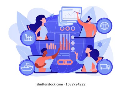 Global Distribution, International Cargo Freight Company. Supply Chain Management, Logistics Operations Control, Streamline Your Logistics Concept. Pinkish Coral Bluevector Isolated Illustration