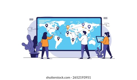 Visualização da rede de distribuição global mostrando operações internacionais de logística e gerenciamento da cadeia de fornecimento em todos os continentes