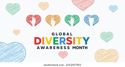 Global Diversity Awareness Month. Hand and heart. Great for cards, banners, posters, social media and more. White background.