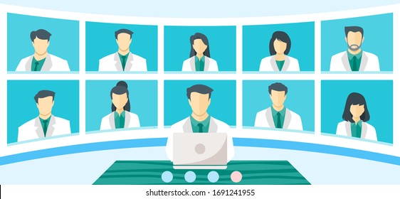 Global Doctor Emergency Medical Crisis TV Video Web Conference Teleconference. Surgeon Specialist Expert Nurse Assistant Online Virtual Meetings. Hospital Team Remote Work During COVID-19 Pandemic