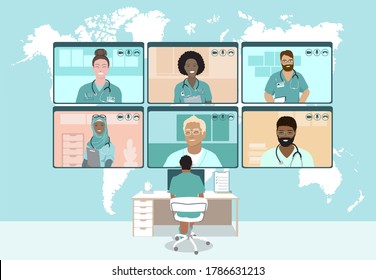 Global Doctors web conference, Emergency medical crisis video call Teleconference. Surgeon Specialist Expert Nurse Assistant Online Virtual Meetings. Hospital team remote work during COVID-19 pandemic