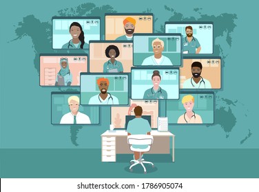 Global Doctors web conference, Emergency medical crisis video call Teleconference. Surgeon Specialist Expert Nurse Assistant Online Virtual Meetings. Hospital team remote work during COVID-19 pandemic