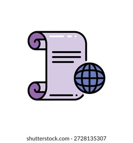 Global document scroll with international text and purple accents on white background