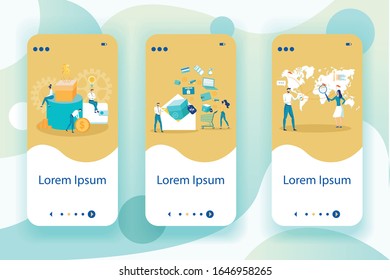 Global E Commerce Mobile Web Pages Vector Template. Worldwide Shipping. E Shopping Smartphone Website Interface. Selling Profit Increase. Customer Acquisition Webpage Screens with Flat Illustrations