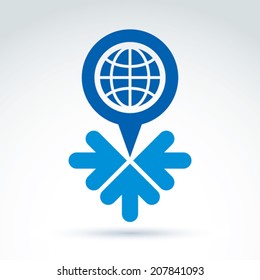 Global earth with arrows pointing into center icon, vector conceptual unusual symbol for your design.