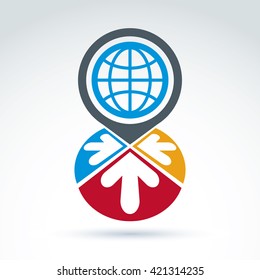 Global earth with arrows pointing into center icon, vector conceptual symbol for your design.