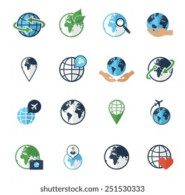 Global earth environment friendly transportation round world map flight symbols flat icons set abstract isolated vector illustration