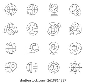 Global Earth Globe e World Network editable Line Icons Set - Negócios Internacionais, Sustentabilidade Ambiental, Conexão Digital, Viagens e Símbolos de Tecnologia em Estilo de Contorno Mínimo	
