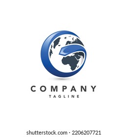 Global earth logo with blue arrow and G letter, Vector logo template.