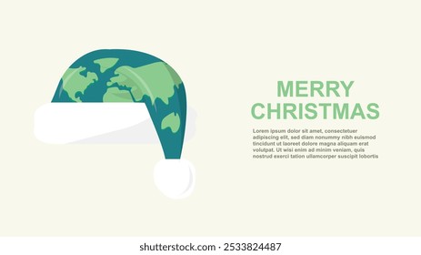 Global Earth Santa Hat Christmas Minimalist Design. Eco-friendly seasonal greetings. Eco-friendly christmas banner. Sustainable christmas banner. Vector illustration. Earth santa hat.