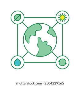 Global earth sustainable vector graphics surrounded with sustainable icons. Environmental friendly graphic with green energy concept.