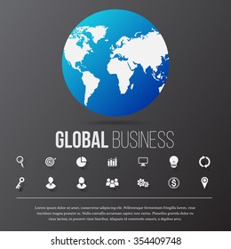global , earth , world map and icons. vector illustration