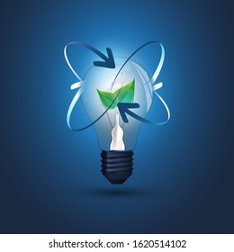 Global Eco Energy Concept Design with Plant Inside a Glowing Light Bulb and Arrows - Illustration in Editable Vector Format