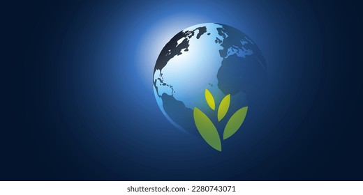 Concepto mundial de ecología, diseño gráfico - hojas verdes, símbolo de planta y globo terrestre - plantilla vectorial creativa con espacio de copias, habitación, lugar para tu texto sobre fondo azul oscuro