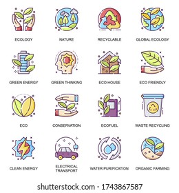 Iconos planos de ecología global. Reciclaje de desechos, purificación de agua, energía verde limpia, agricultura orgánica, eco-house, pictogramas de línea de transporte eléctrico para aplicaciones móviles. Paquete de iconos vectoriales ecológicos.