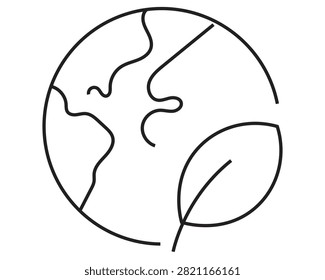 Global ecology line icon showing world map combined with a leaf for environmental awareness environment sustainability conservation