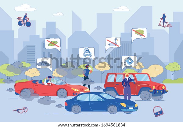 Global Ecology Problem. Carbon Dioxide\
Combustion Product Pollutant Air, Flora, Fauna Hazard. People Drive\
Petrol Engine Car. Smog Health Bad Effect for Environment. Vector\
Lifestyle Illustration
