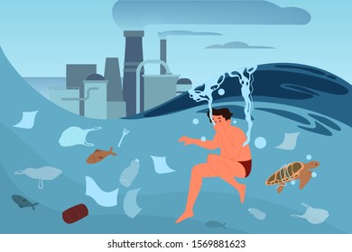 Global ecology problem vector illustratiion. Environmental pollution, ecological disaster, earth in danger. Industrial pollution of air and water. Isolated vector illustration in cartoon style