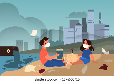 Global ecology problem vector illustratiion. Environmental pollution, ecological disaster, earth in danger. Industrial pollution of air and water. Isolated vector illustration in cartoon style
