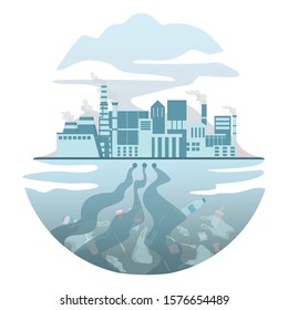 Global ecology problem vector illustratiion. Environmental pollution, ecological disaster, earth in danger. Industrial pollution of water. Isolated vector illustration in cartoon style