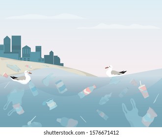 Global ecology problem vector illustratiion. Environmental pollution, ecological disaster, earth in danger. Industrial pollution of water. Isolated vector illustration in cartoon style