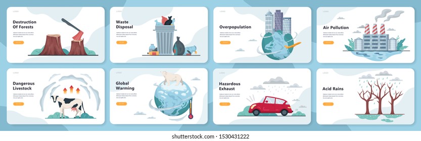 Global ecology problems set. Environmental disaster, earth in danger. Deforestation and climate change. Isolated vector illustration in flat style