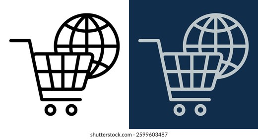 Global e-commerce shopping cart icon, online marketplace symbol, digital store logo, internet retail vector, black and white outline, modern web shop pictogram. Editable Stroke