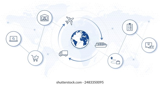 Global ecommerce vector illustration. online shopping, delivery, logistics icons with worldwide background