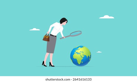 global economic analysis, world economic outlook, research for investment in various countries, Analyze job opportunities abroad, woman with magnifying glass analyzing business in global economy